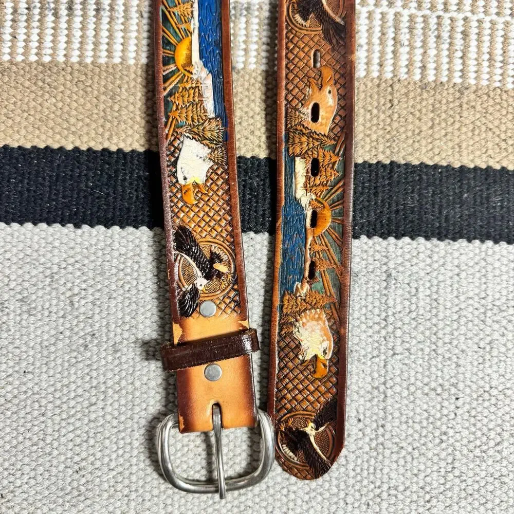 Brazos Joe Belt Co Eagle Sunset Tooled‎ Leather Western Men Belt USA America 40